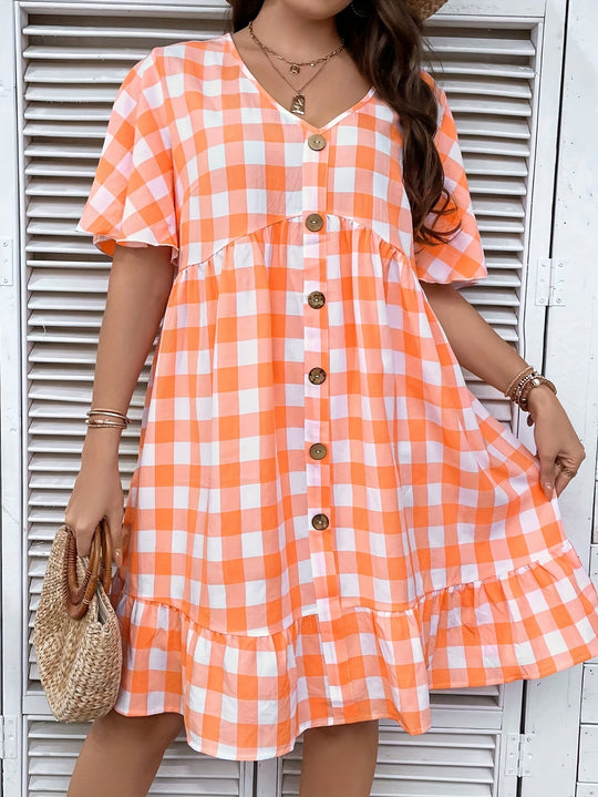 Plus Size V-Neck Gingham Button Front Boho Dress