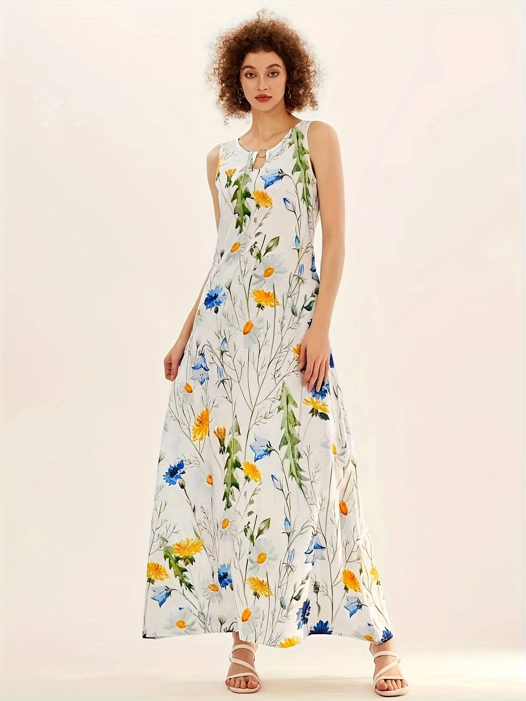 Boho Wildflower Print Sleeveless Maxi Dress