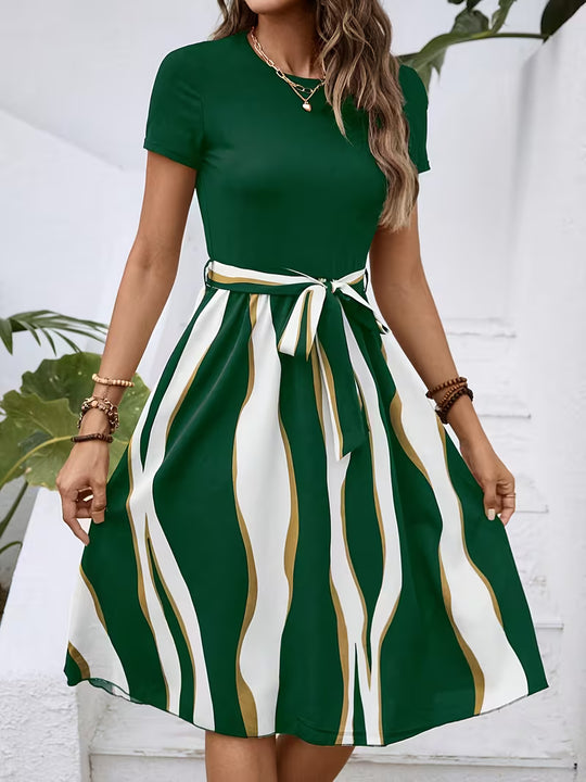 Casual Crew Neck Tie Waist Flared Midi Dress