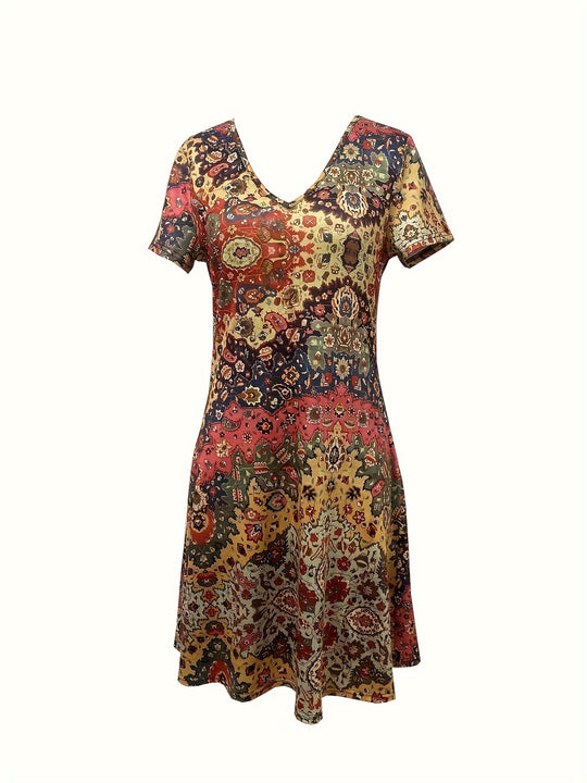 Bohemian Paisley Print V-Neck Shift Dress