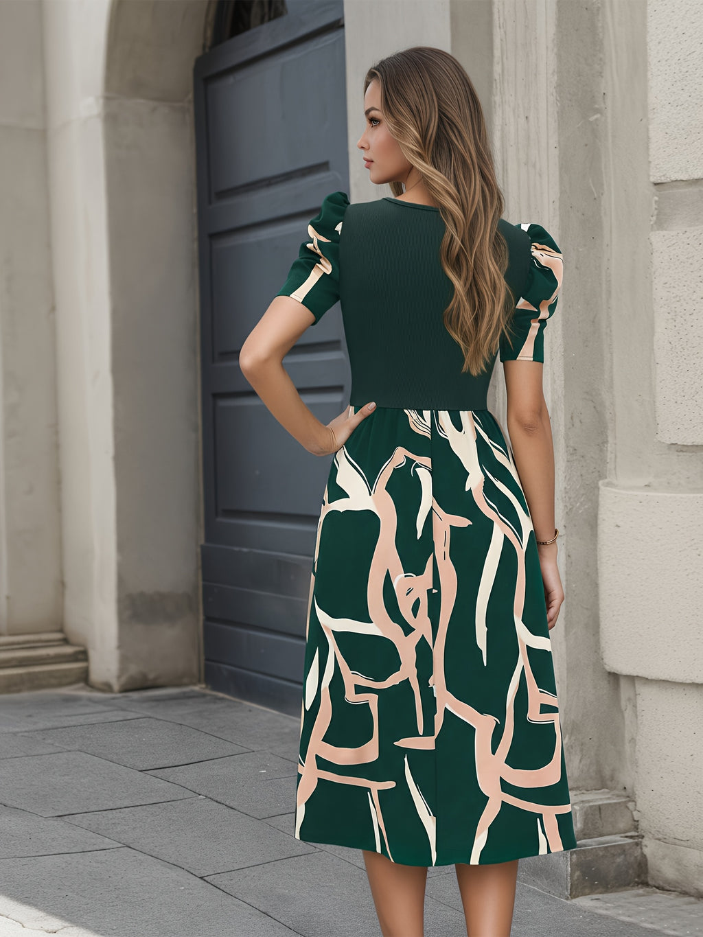 Abstract A-Line Puff Sleeve Midi Dress
