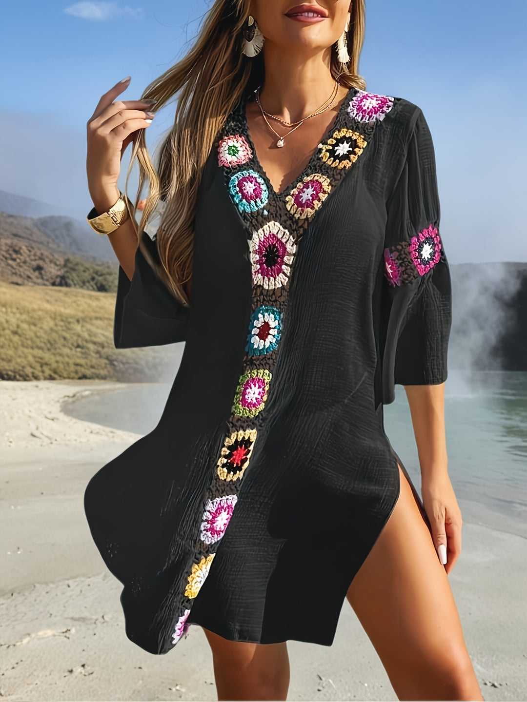 Crochet Trim V-Neck Boho Beach Dress