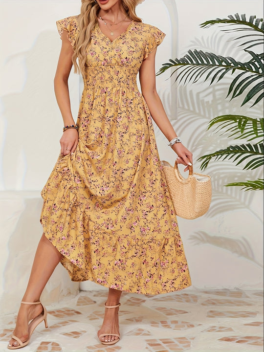 Flutter Sleeve Smocked Waist V-Neck Maxi Dress