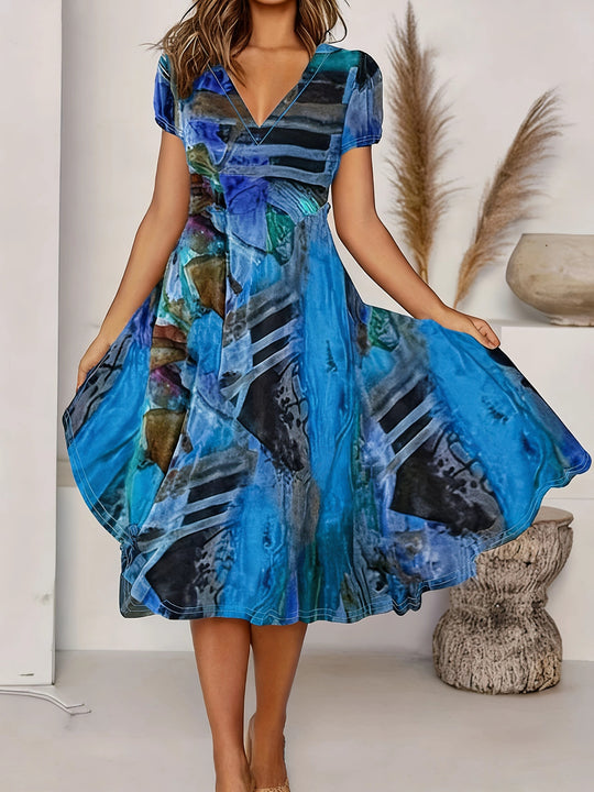 Summer Abstract Print V-Neck Bohemian Dress