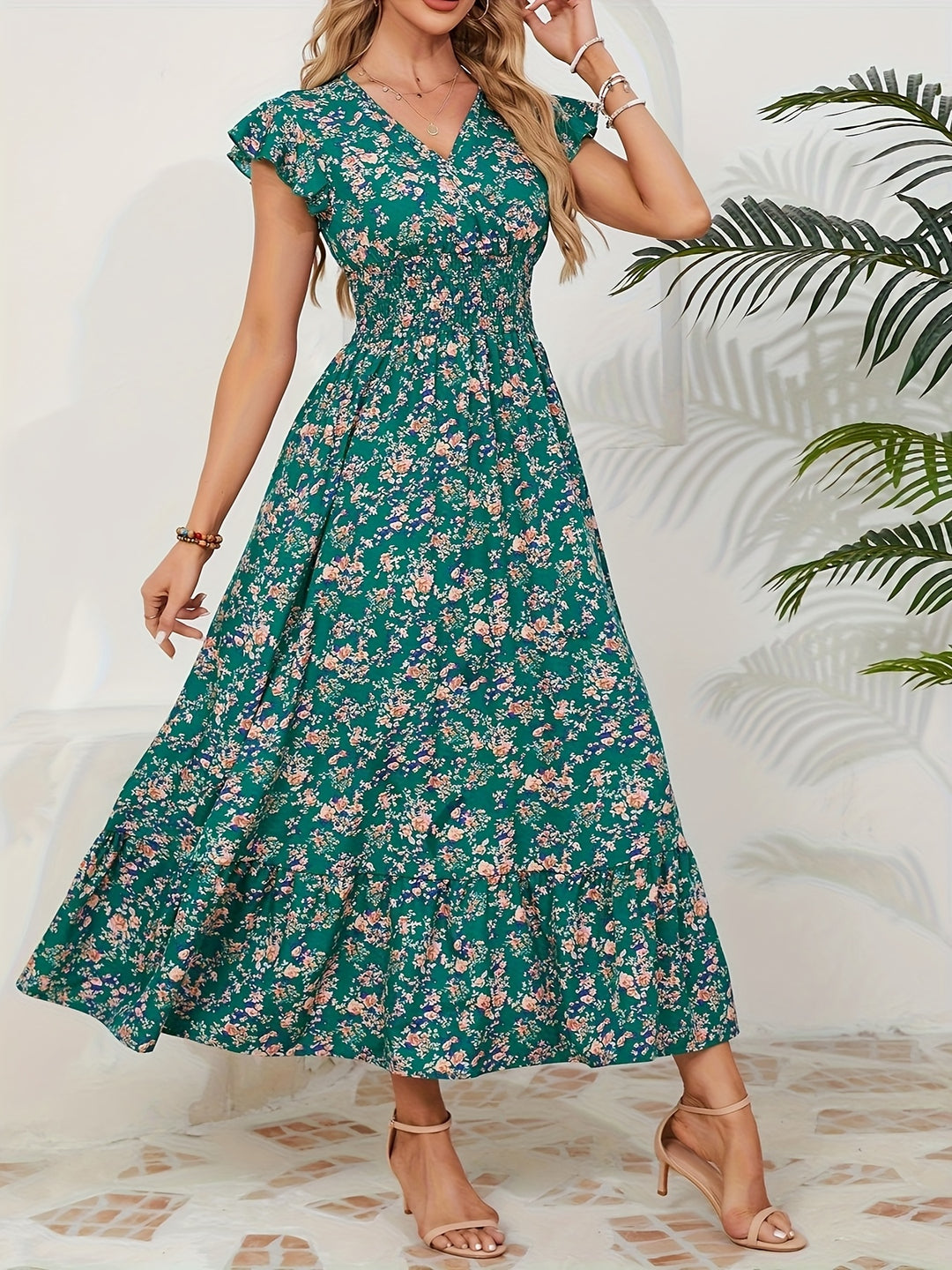 Flutter Sleeve Smocked Waist V-Neck Maxi Dress