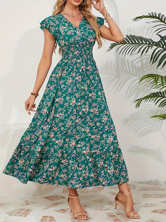 Flutter Sleeve Smocked Waist V-Neck Maxi Dress