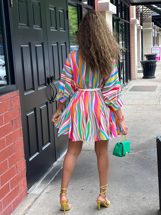 Colorful Striped V-Neck Mini Boho Dress