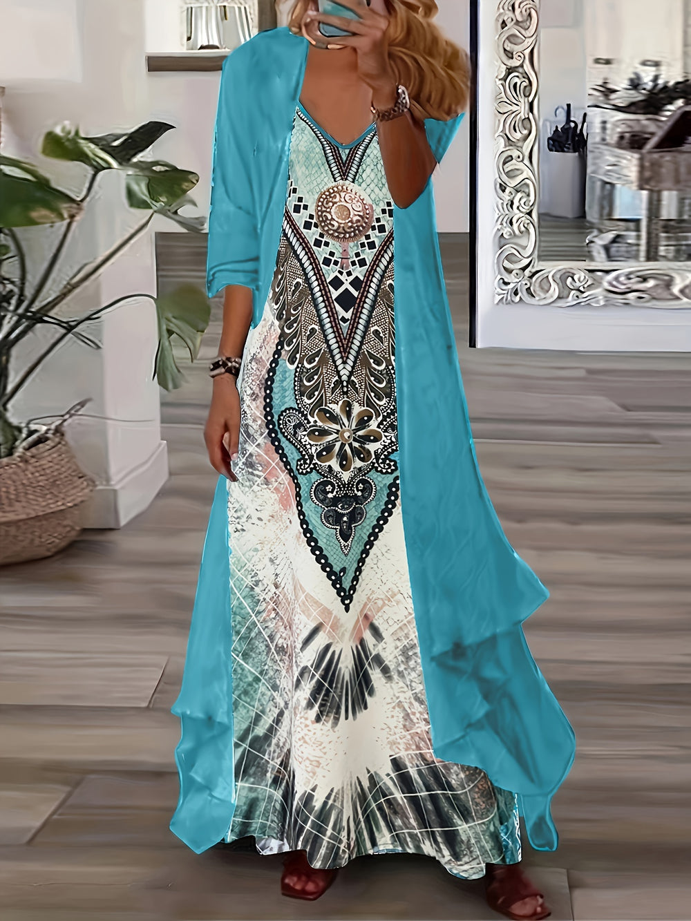 Boho Medallion Print Maxi With Cardigan