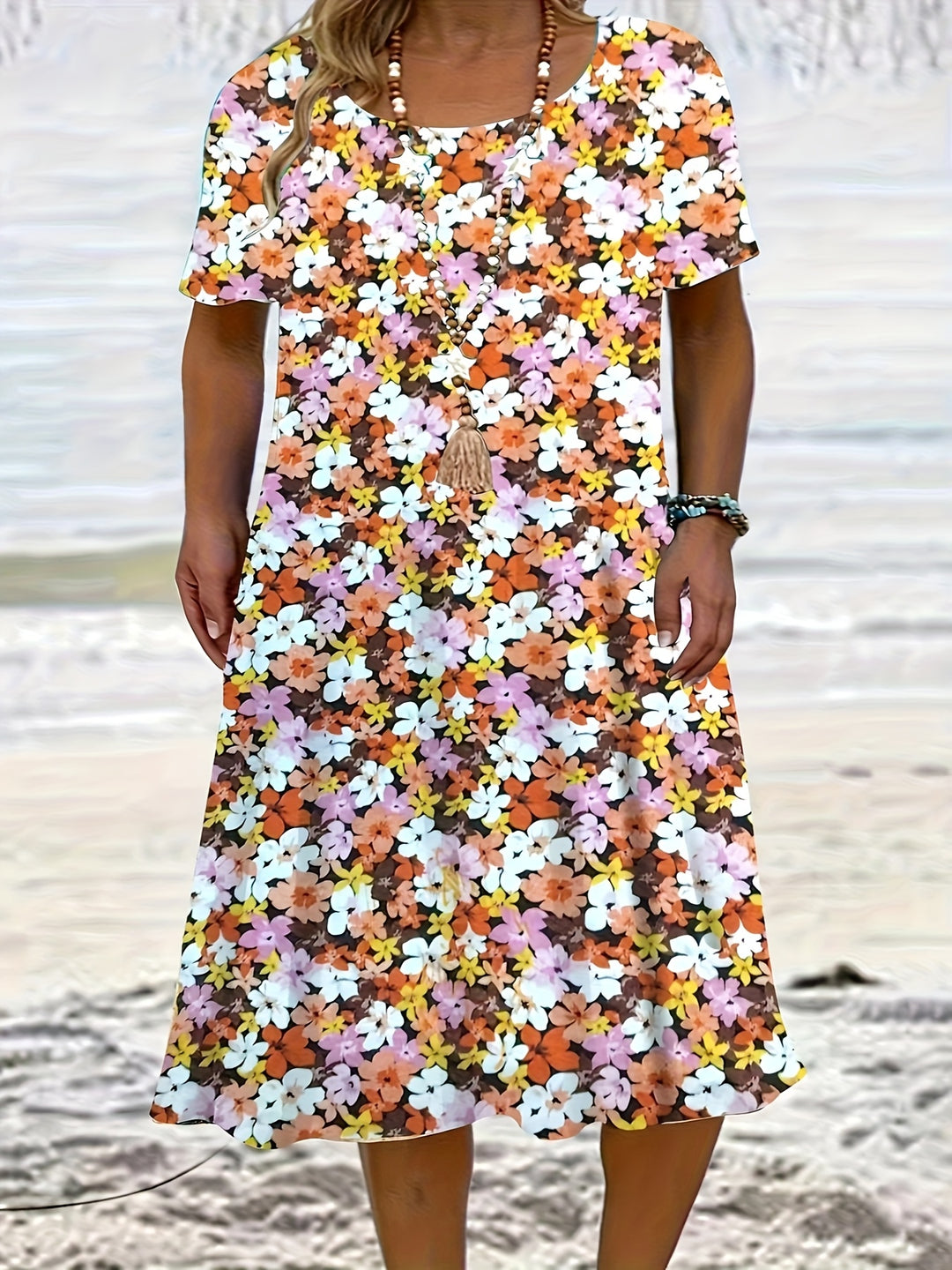 Casual Scoop Neck Floral Midi Dress