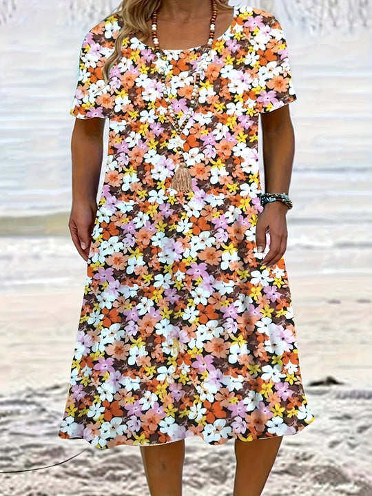 Casual Scoop Neck Floral Midi Dress