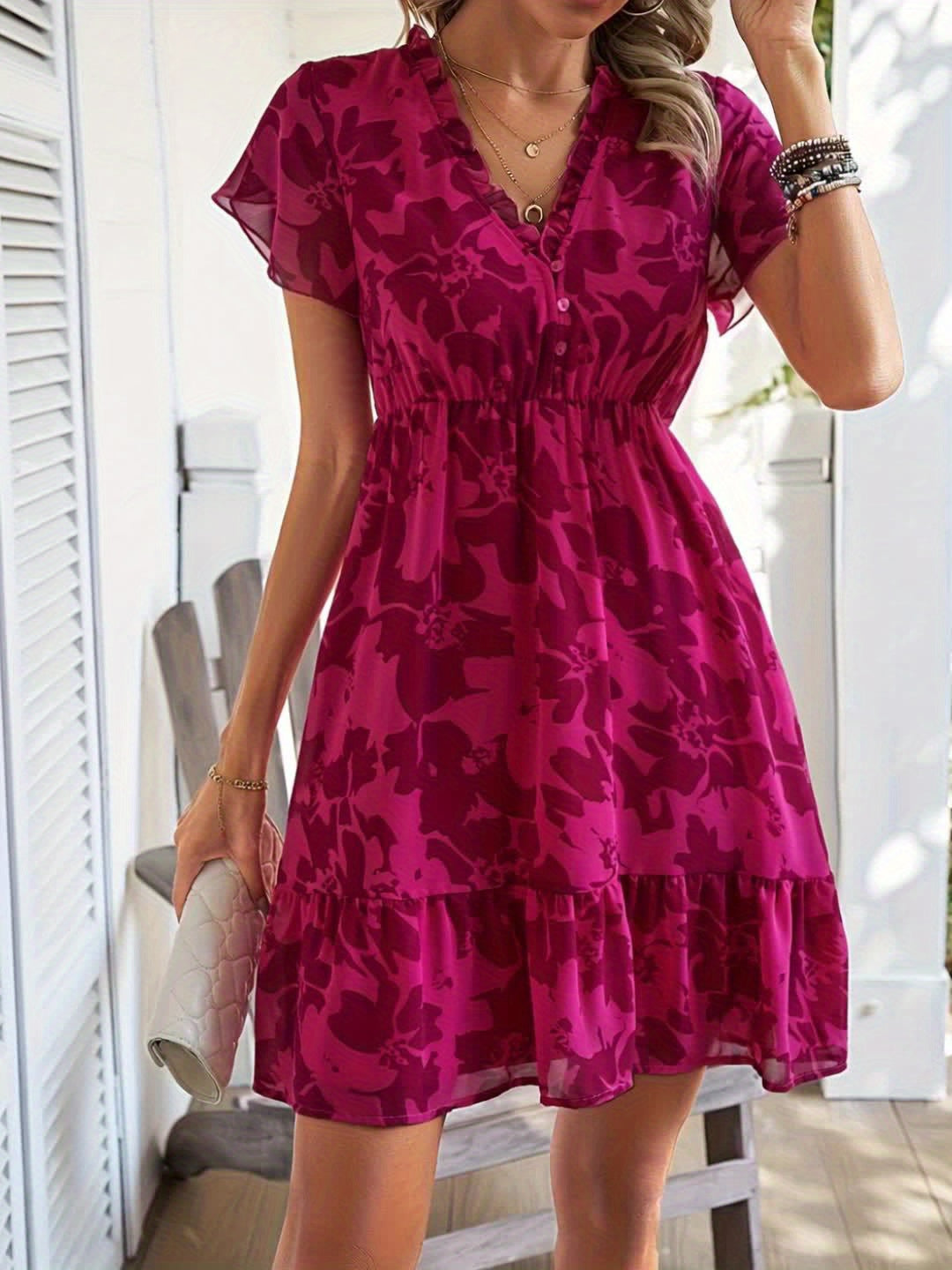 Boho Floral Button Up Ruffle Hem Summer Dress