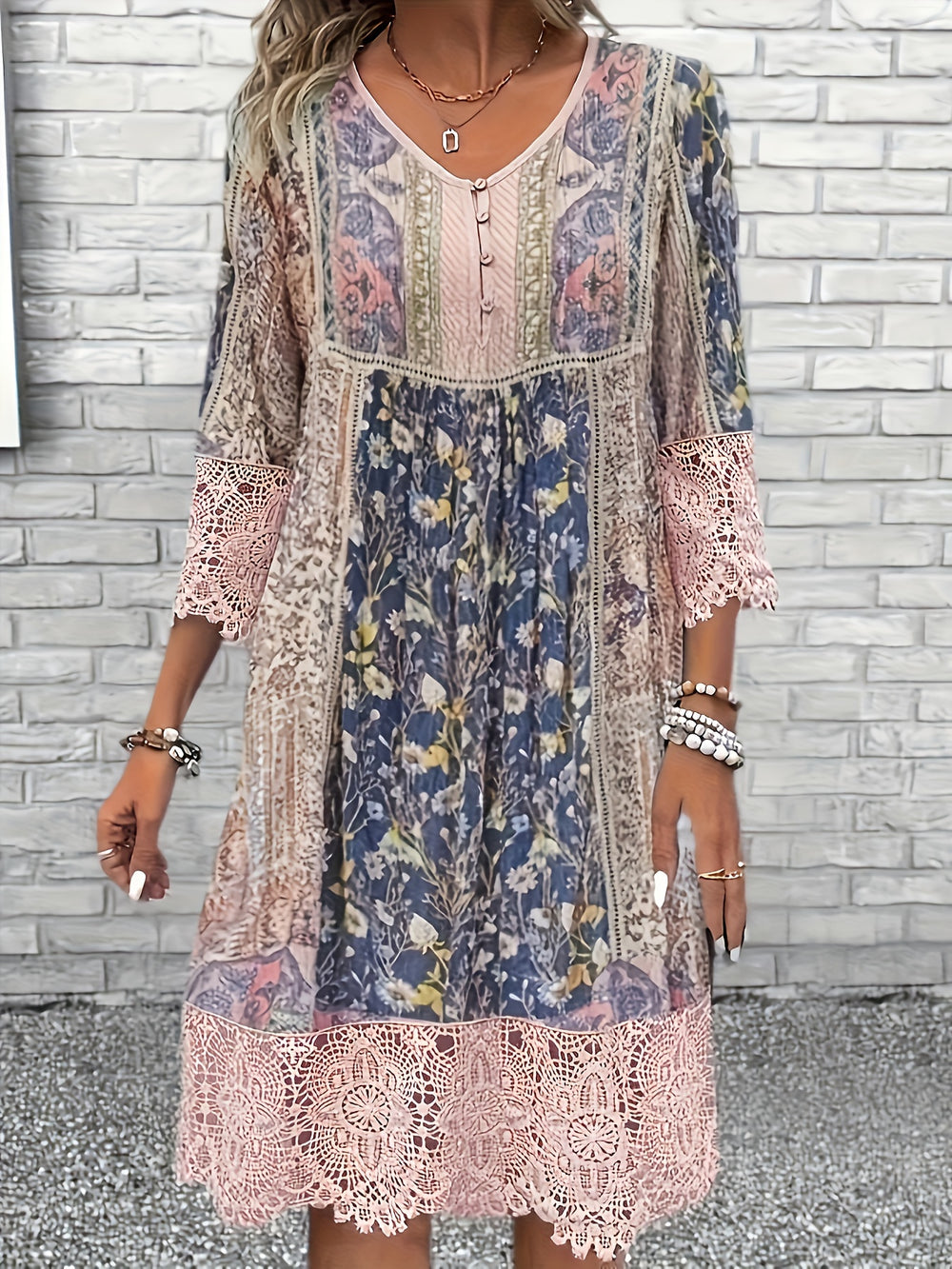 Bohemian Mixed Print Lace Trim Dress