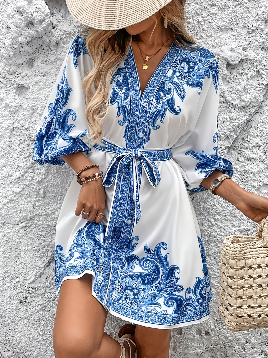 Ornate Print V-Neck Button Down Bohemian Dress