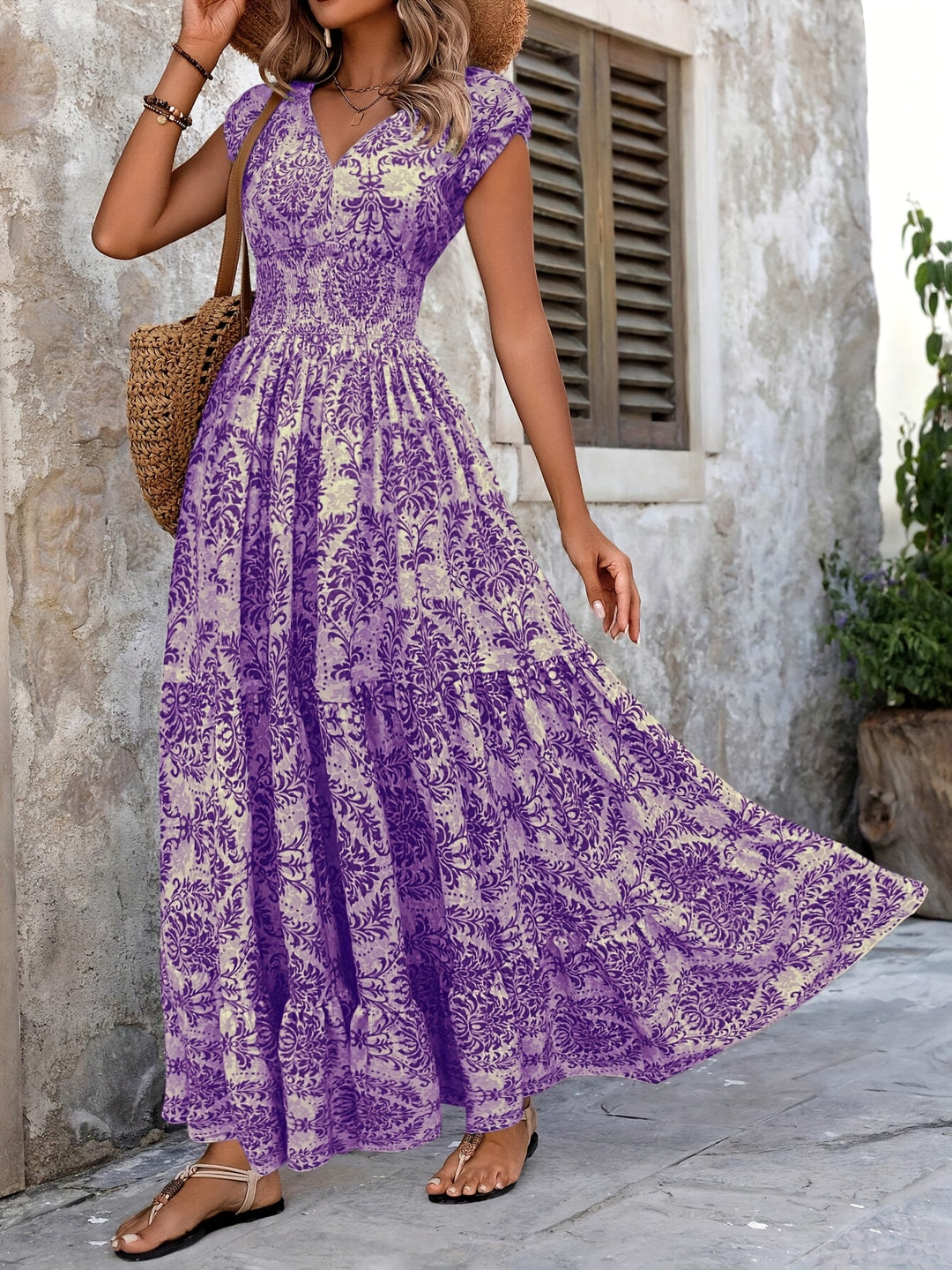 Smocked Bodice Vintage Print Bohemian Dress
