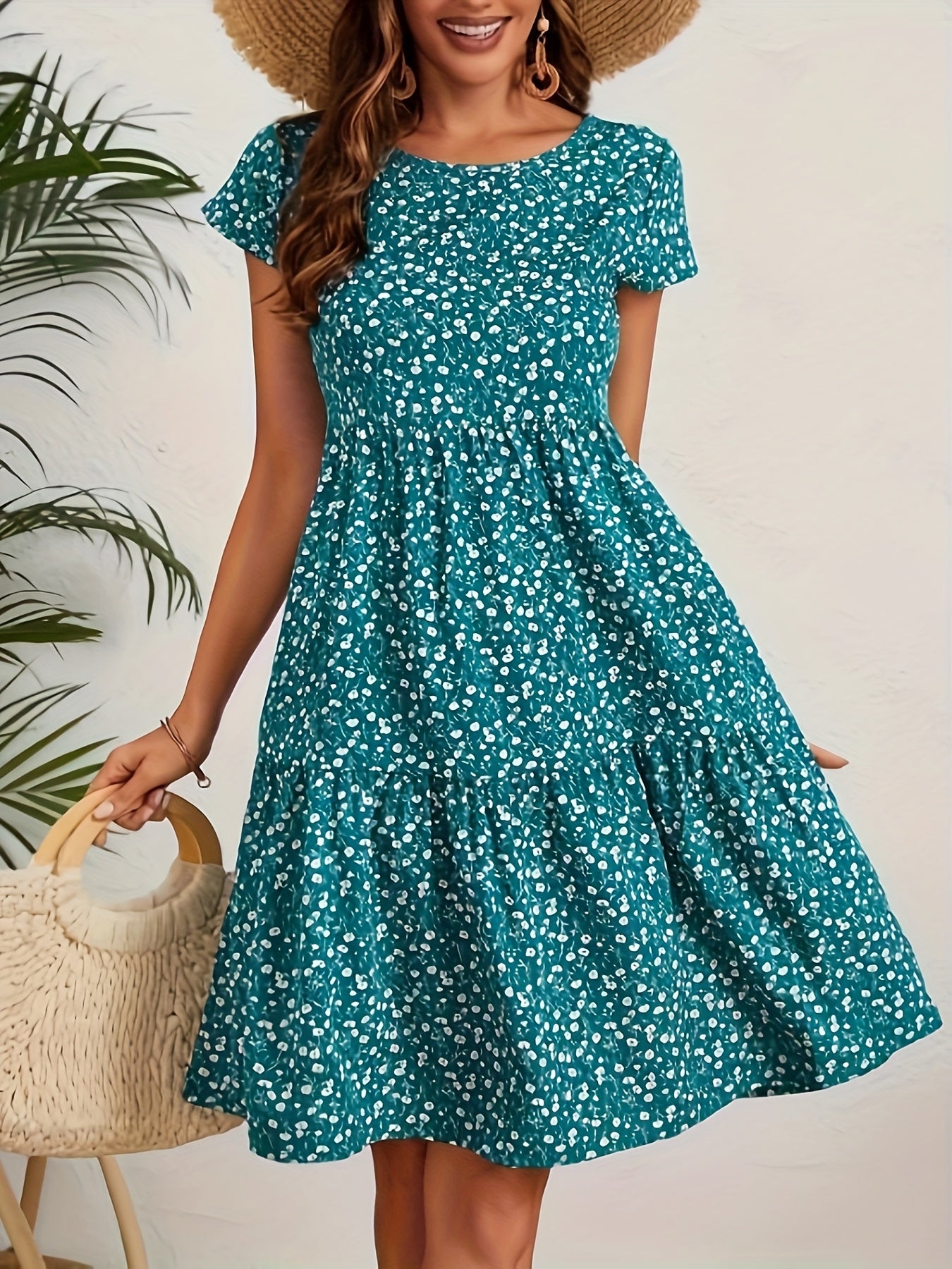 Casual Floral Round Neck Tiered Dress
