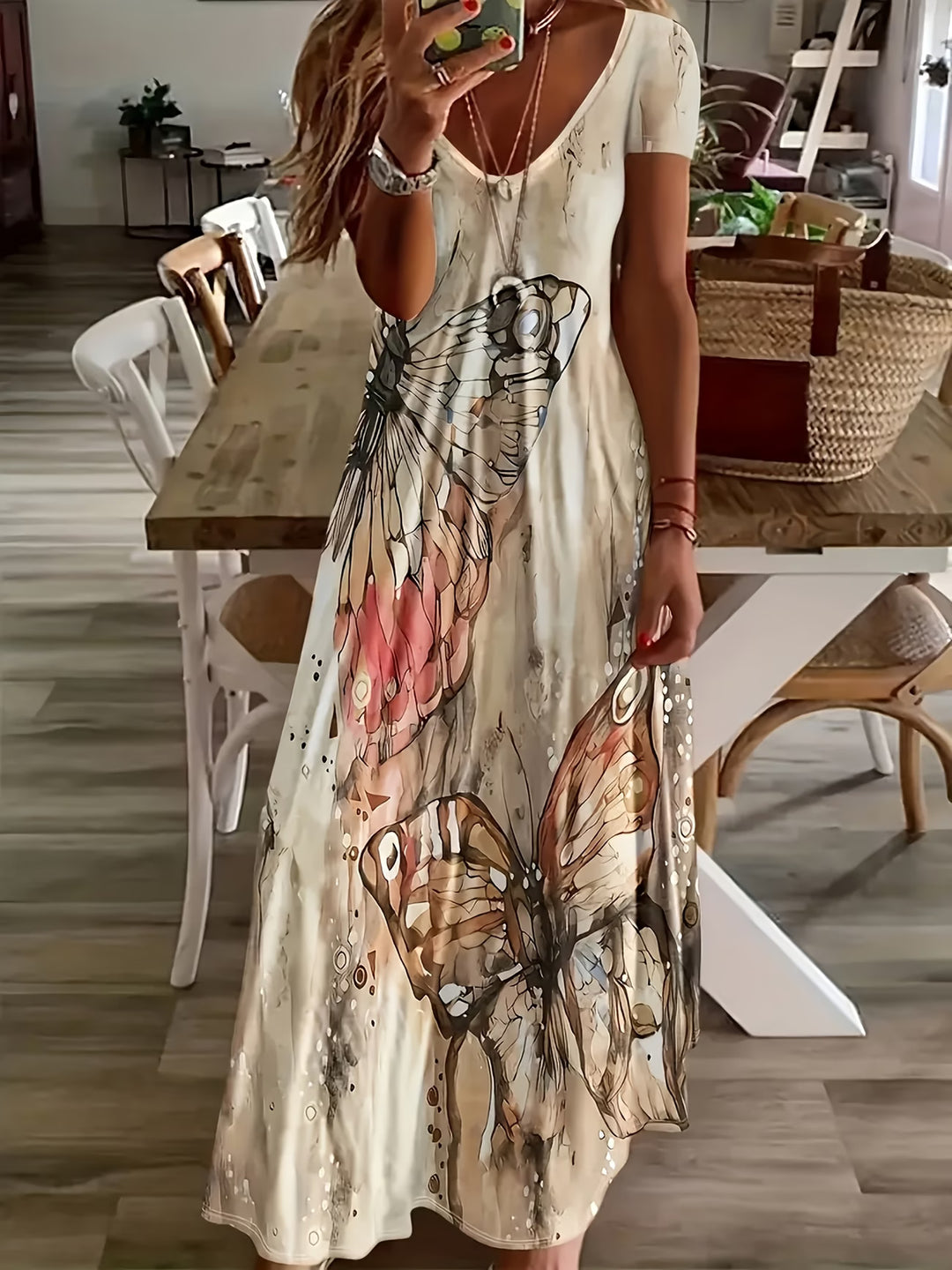 Sleeveless Halter Neck Butterfly Print Boho Summer Dress