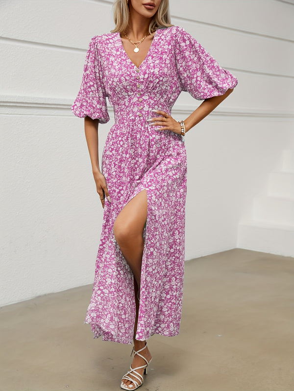 Ditsy Floral Print Front Slit Vacation Maxi Dress