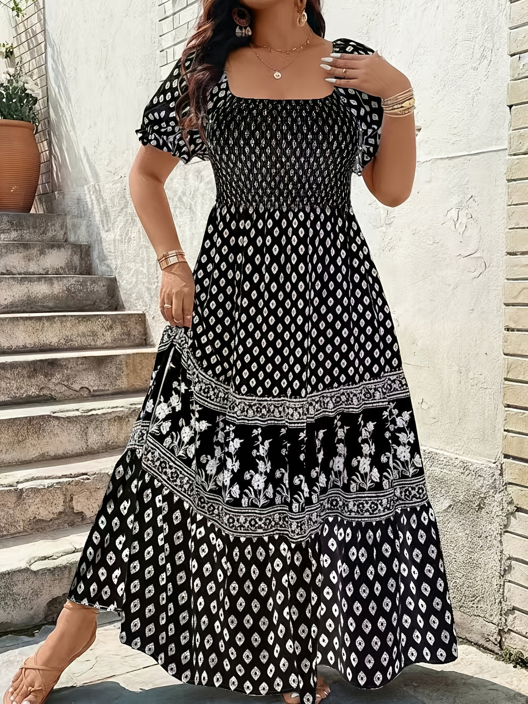 Ruffle Sleeve Floral Border Summer Dress - Plus Size
