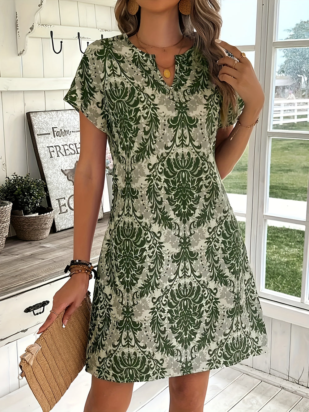 Bohemian V-Neck Damask Print Summer Dress