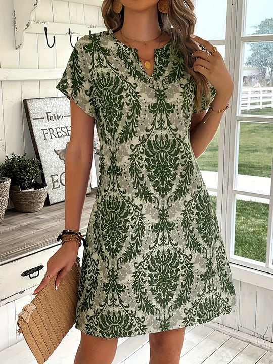 Bohemian V-Neck Damask Print Summer Dress