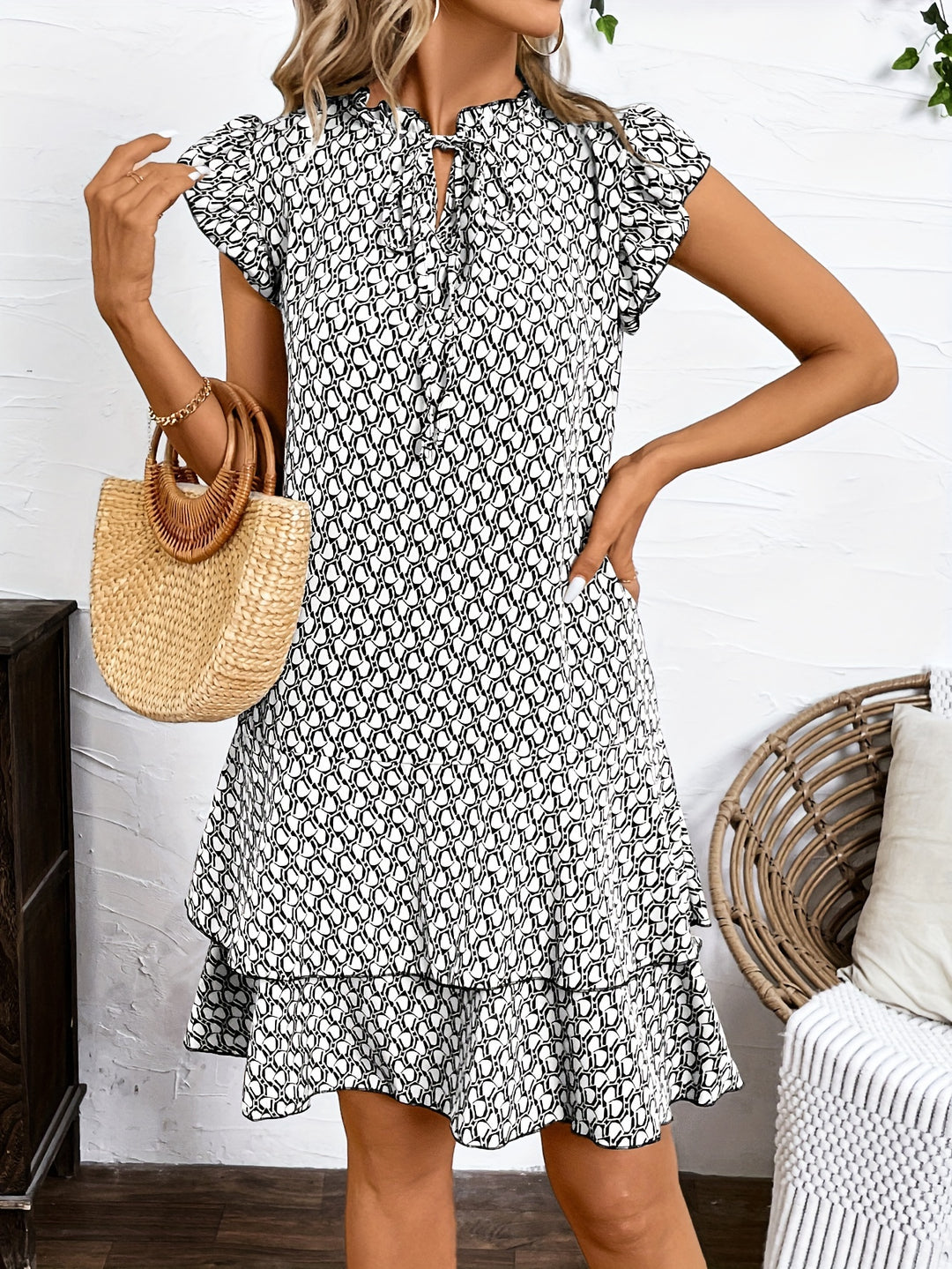 Tie-Neck Tiered Ruffle Summer Dress