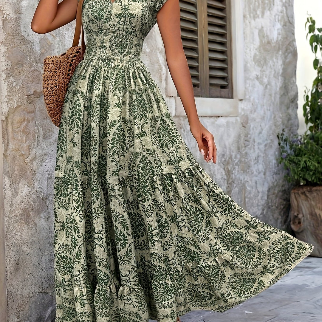 Vintage Motif V-Neck Flowy Maxi Summer Dress
