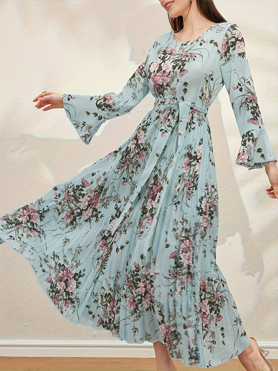 Elegant Floral Pleated Long Sleeve Maxi Dress