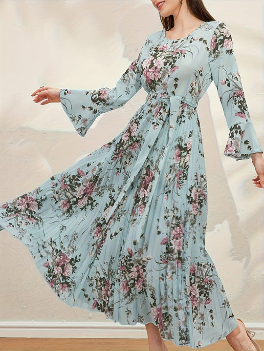Elegant Floral Pleated Long Sleeve Maxi Dress