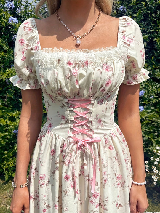 Romantic Floral Lace-Up Corset Midi Dress