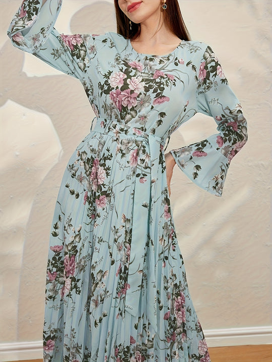 Elegant Floral Pleated Long Sleeve Maxi Dress