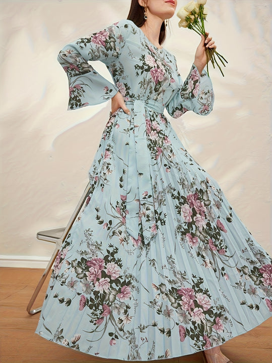 Elegant Floral Pleated Long Sleeve Maxi Dress