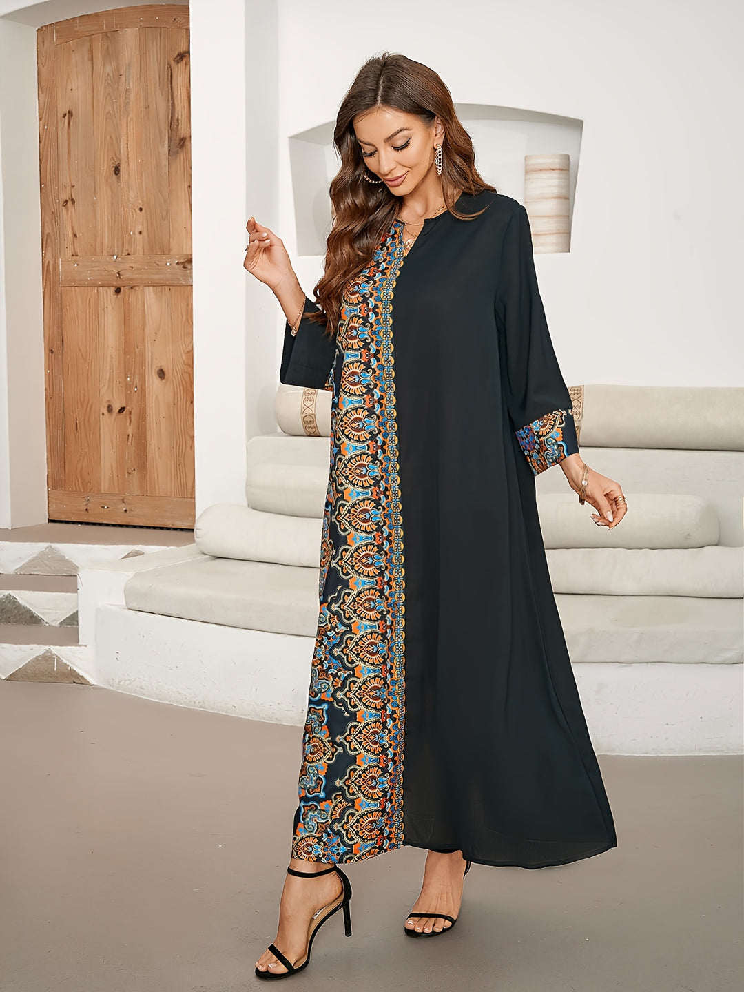 Bohemian Notch Neck Contrast Print Maxi Dress