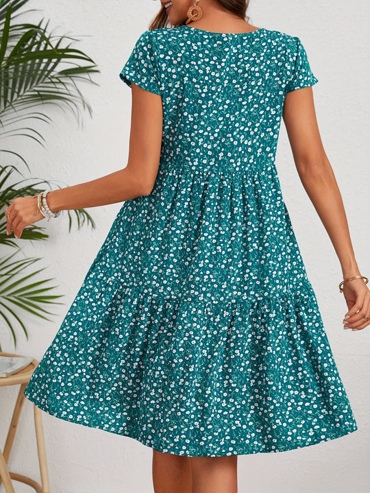 Casual Floral Round Neck Tiered Dress