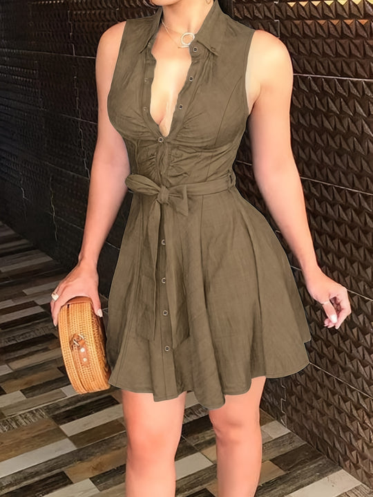 Casual Ruched Waist Button-Front Mini