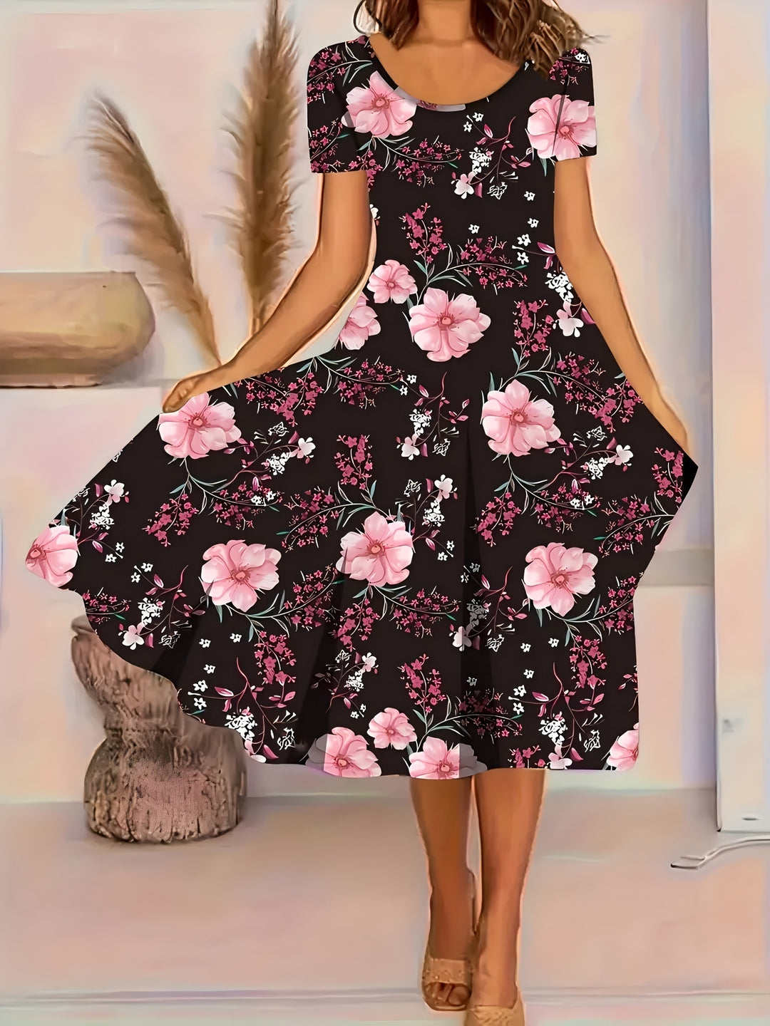Round Neck Floral Flowy Summer Dress - Plus Size