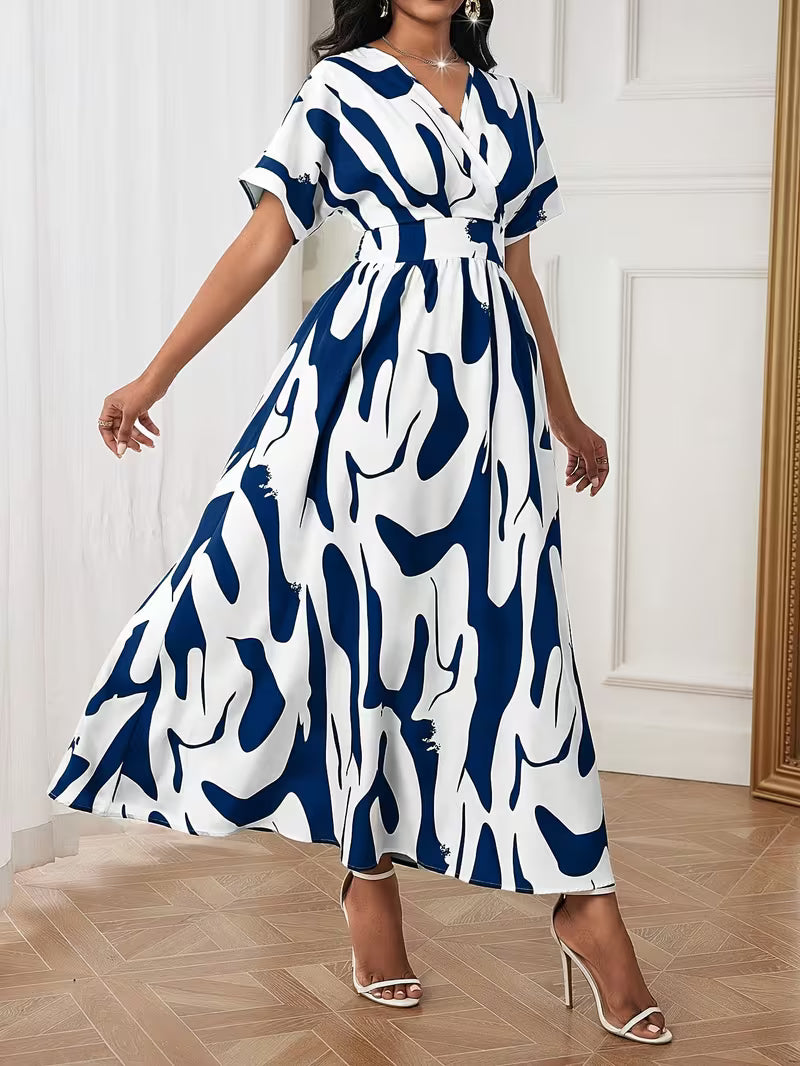 Abstract Print Flutter Sleeve V-Neck Midi Dress