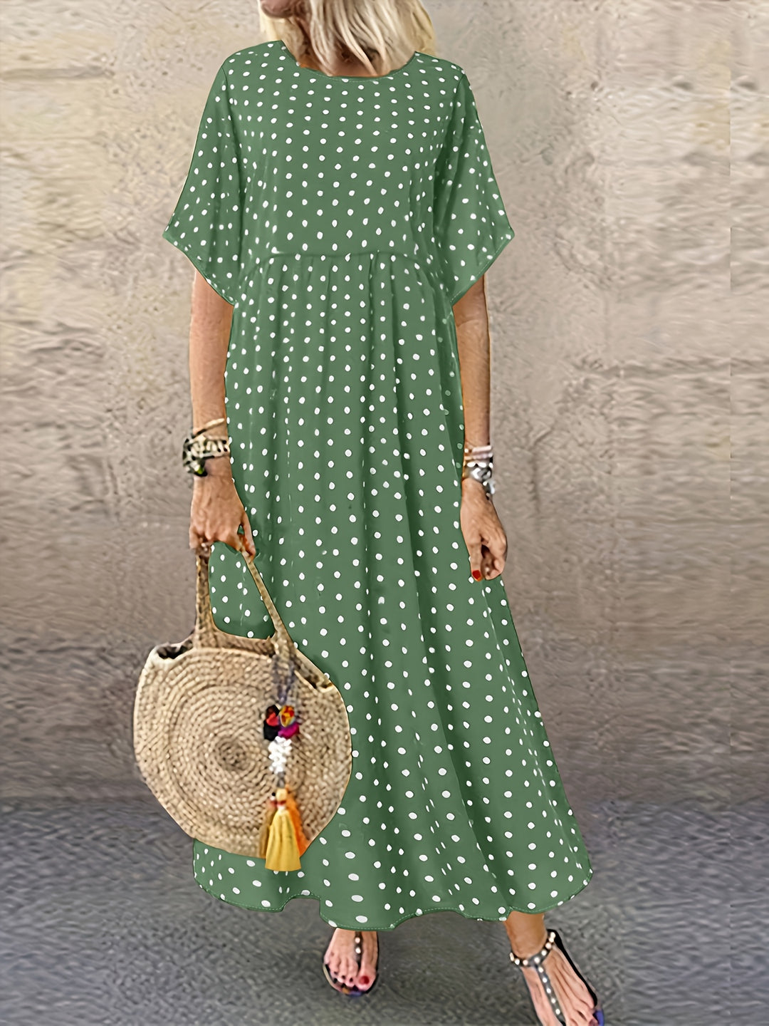 Casual Polka Dot Round Neck Maxi Dress