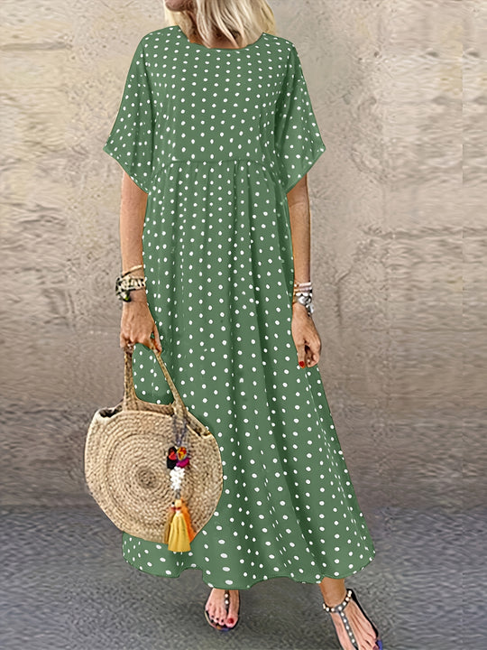 Casual Polka Dot Round Neck Maxi Dress