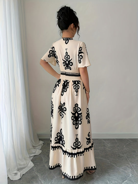Plunging V-Neck Shirred Waist Tiered Summer Dress