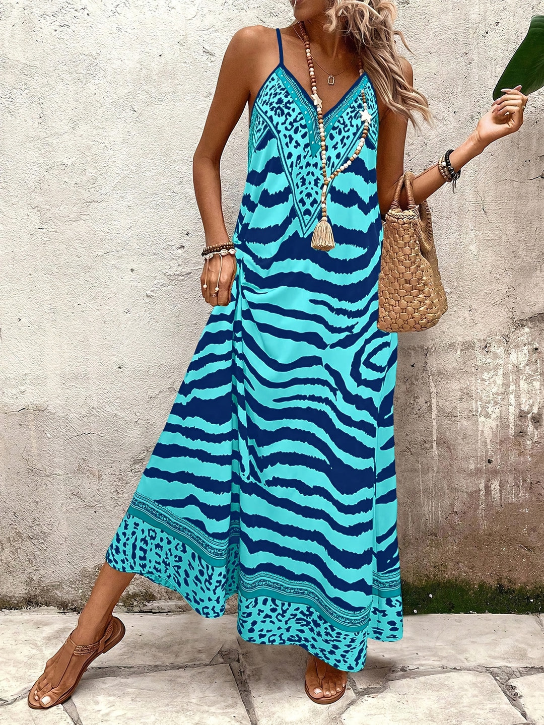 Casual Zebra Stripe Spaghetti Strap Maxi