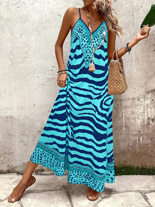 Casual Zebra Stripe Spaghetti Strap Maxi