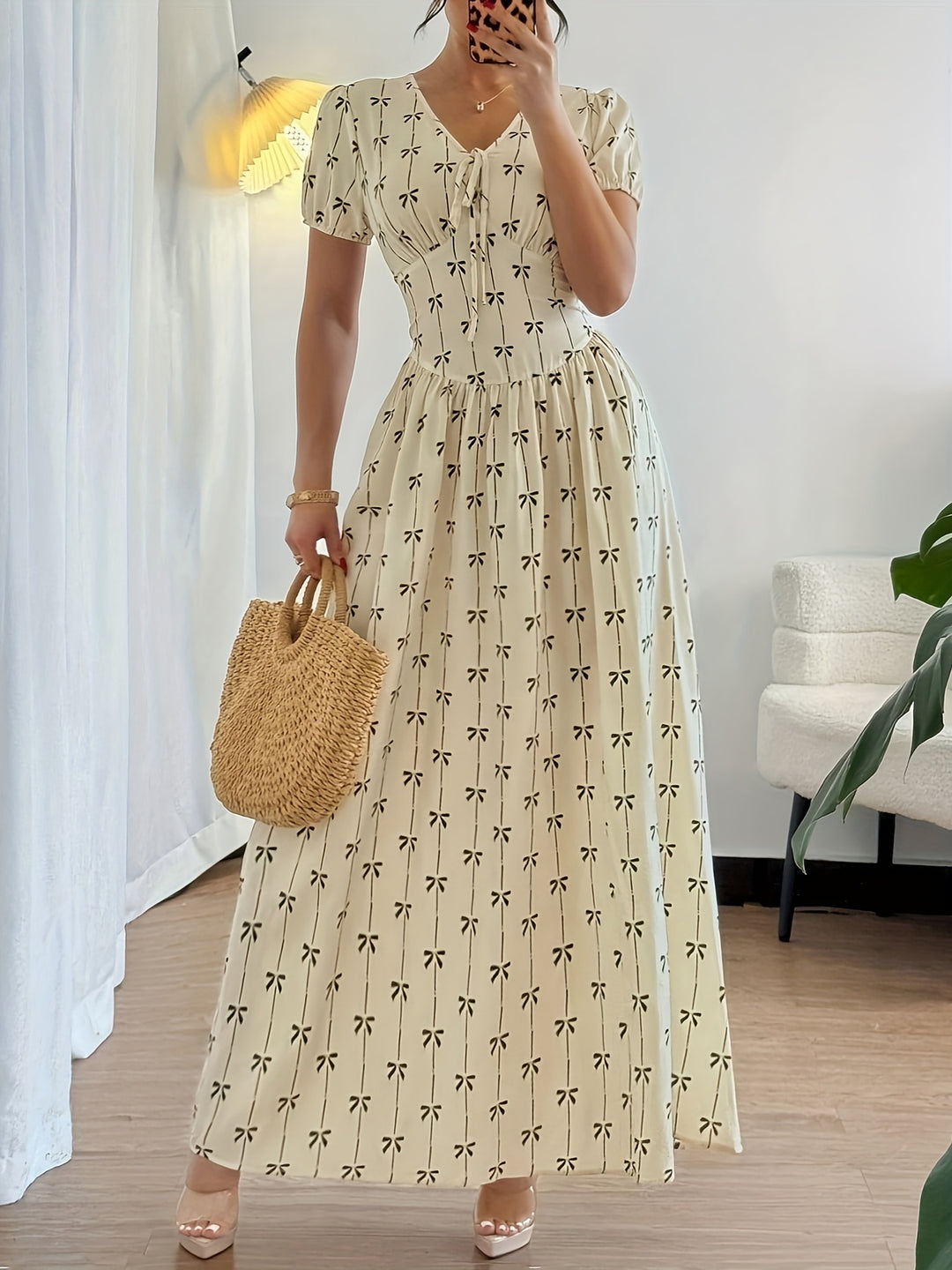 Bohemian Striped Bow Print Maxi Dress