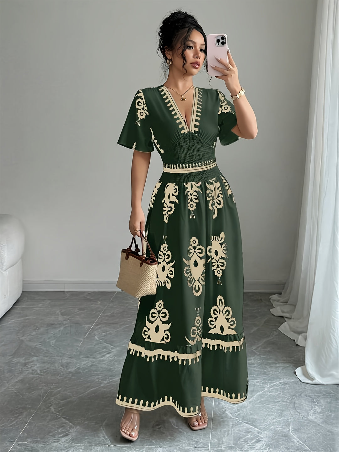 Plunging V-Neck Shirred Waist Tiered Summer Dress