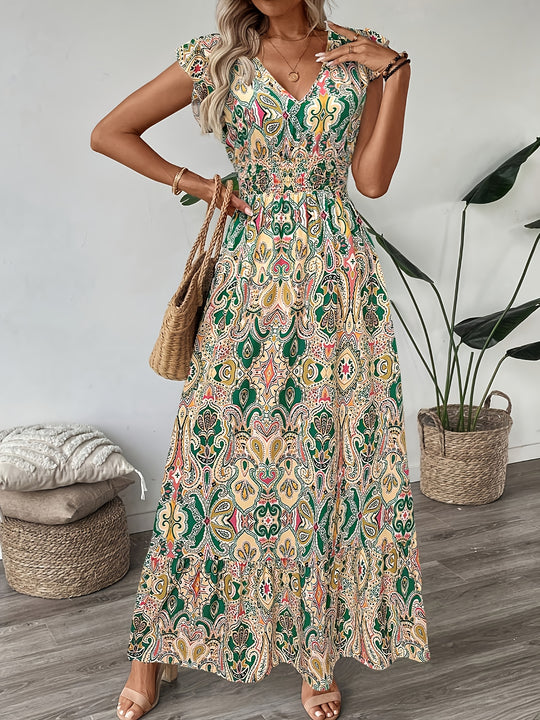 Short Sleeve Casual Full-Print Flutter Summer Boho Dress