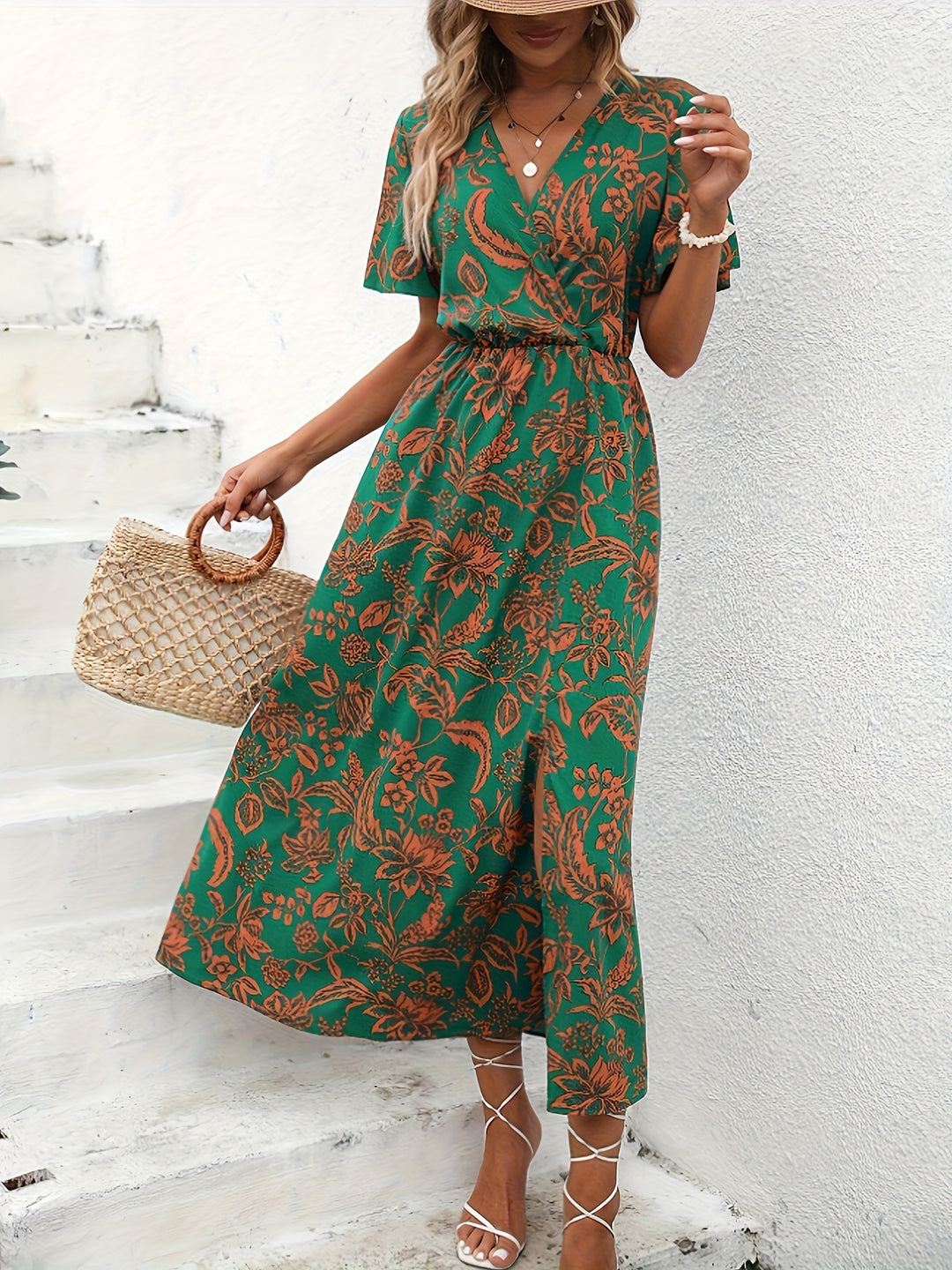 Tropical Print High Slit Maxi Dress