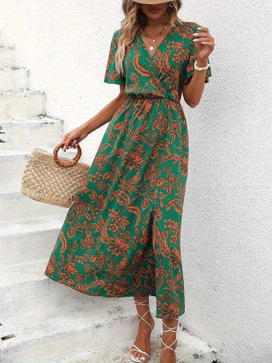 Tropical Print High Slit Maxi Dress