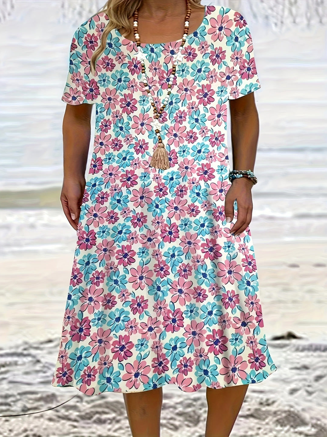 Casual Scoop Neck Floral Midi Dress