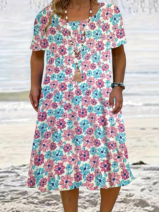 Casual Scoop Neck Floral Midi Dress