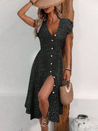 Elegant Polka Dot V-Neck Button Maxi Dress