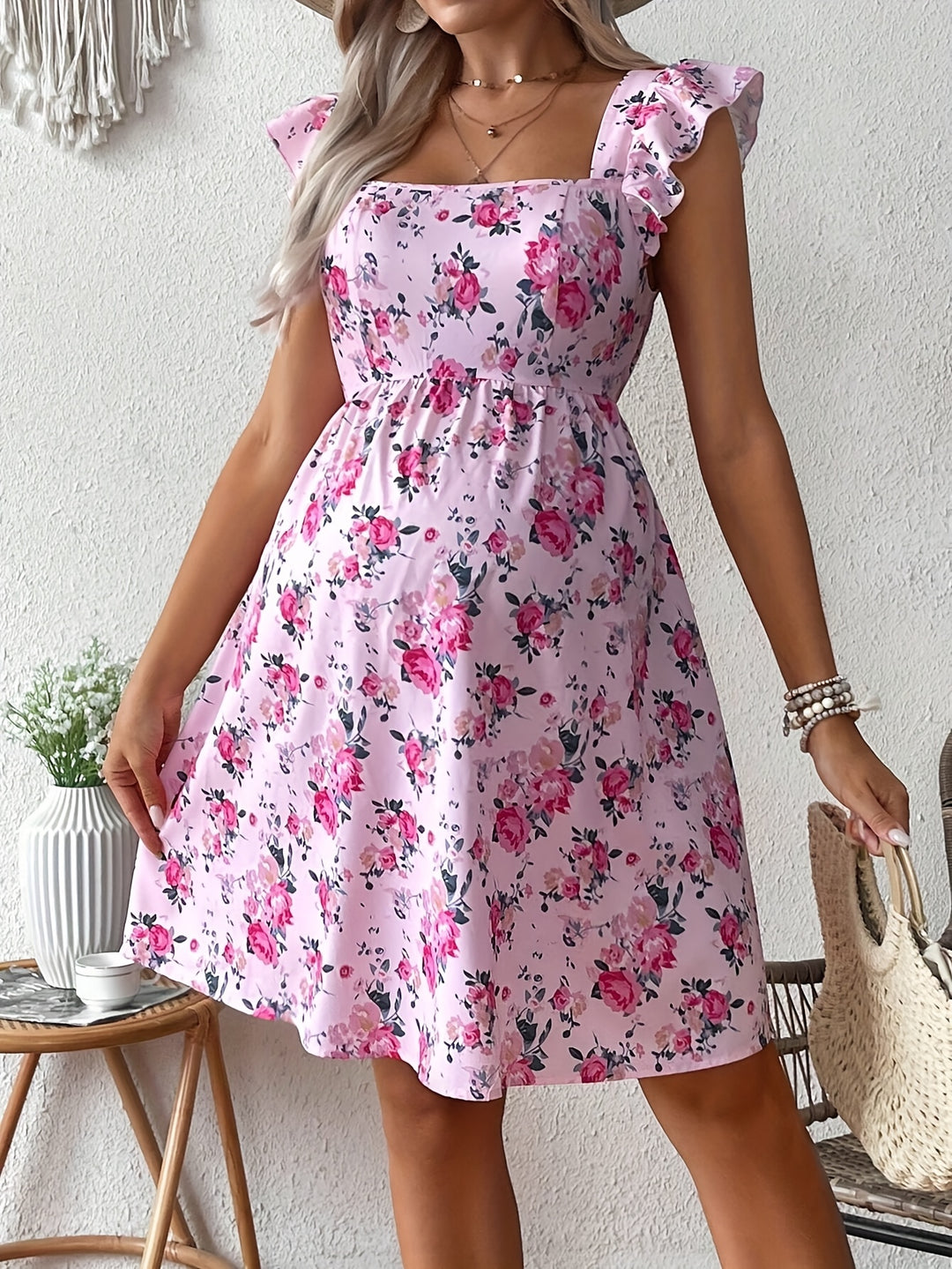 Maternity Floral Square Neck Flowy Bohemian Dress
